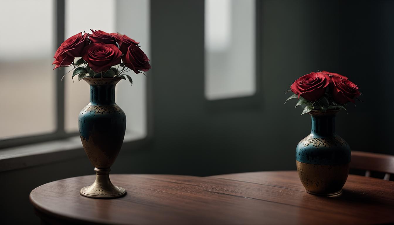  digital illustration, A cracked vase on a table, single wilting flower inside, dim lighting, neglected room, symbolism of a deteriorating relationship, looking at viewer, dynamic pose, (intricate details, masterpiece, best quality)