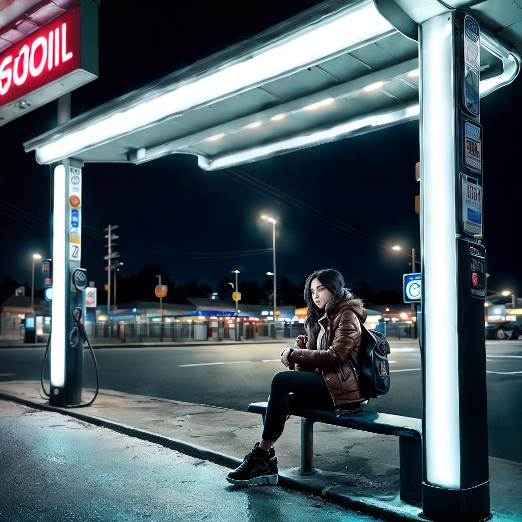  A girl sits outside a gas station at night. ,highly detailed, cinematic lighting, stunningly beautiful, intricate, sharp focus, f1. 8, 85mm, (centered image composition), (professionally color graded), ((bright soft diffused light)), volumetric fog, trending on instagram, trending on tumblr, HDR 4K, 8K