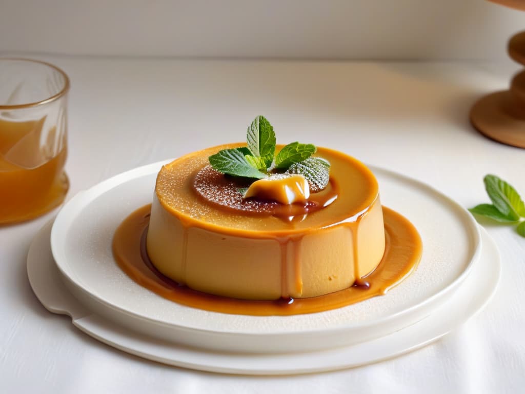  An 8k ultradetailed image of a perfectly baked, creamy pumpkin flan sitting on a delicate white porcelain plate, drizzled with a rich caramel sauce and garnished with a sprig of fresh mint leaves. The flan has a smooth, velvety texture and a golden hue, with a slight jiggle to showcase its lusciousness. The plate is set against a soft, blurred background to emphasize the elegance and simplicity of this classic dessert. hyperrealistic, full body, detailed clothing, highly detailed, cinematic lighting, stunningly beautiful, intricate, sharp focus, f/1. 8, 85mm, (centered image composition), (professionally color graded), ((bright soft diffused light)), volumetric fog, trending on instagram, trending on tumblr, HDR 4K, 8K