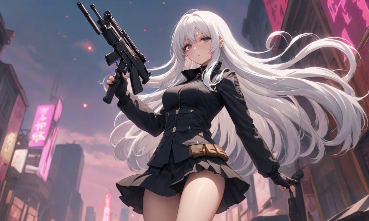  anime artwork a full length . long white hair. She holds an AK 74 in her hands. She is wearing a black top and a short black . the face is sad. bottom view. Pink are visible . anime style, key visual, vint, studio anime, highly detailed hyperrealistic, full body, detailed clothing, highly detailed, cinematic lighting, stunningly beautiful, intricate, sharp focus, f/1. 8, 85mm, (centered image composition), (professionally color graded), ((bright soft diffused light)), volumetric fog, trending on instagram, trending on tumblr, HDR 4K, 8K