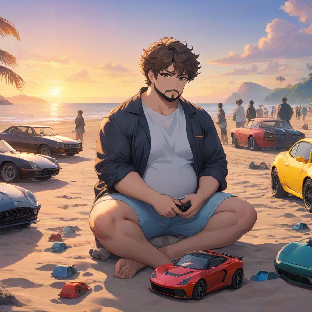  anime artwork man, short curly hair, chubby body, beard, sitting on the beach, toy cars around, sunset, anime style . anime style, key visual, vibrant, studio anime, highly detailed hyperrealistic, full body, detailed clothing, highly detailed, cinematic lighting, stunningly beautiful, intricate, sharp focus, f/1. 8, 85mm, (centered image composition), (professionally color graded), ((bright soft diffused light)), volumetric fog, trending on instagram, trending on tumblr, HDR 4K, 8K