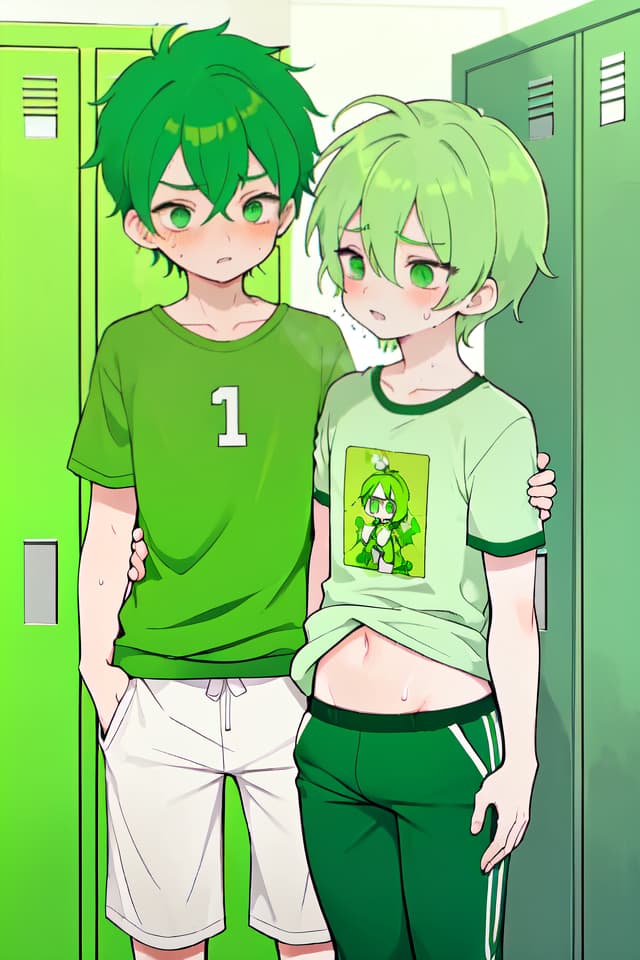  Green haired boys who are sweaty and sweaty, lean on a locker and have a hips