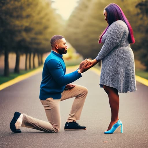 wa-vy style Very Tall light skinned man kneeling on one knee to propose with blue diamond ring to fat size beautiful dark skinned lady with big eyes it’s the man kneeling