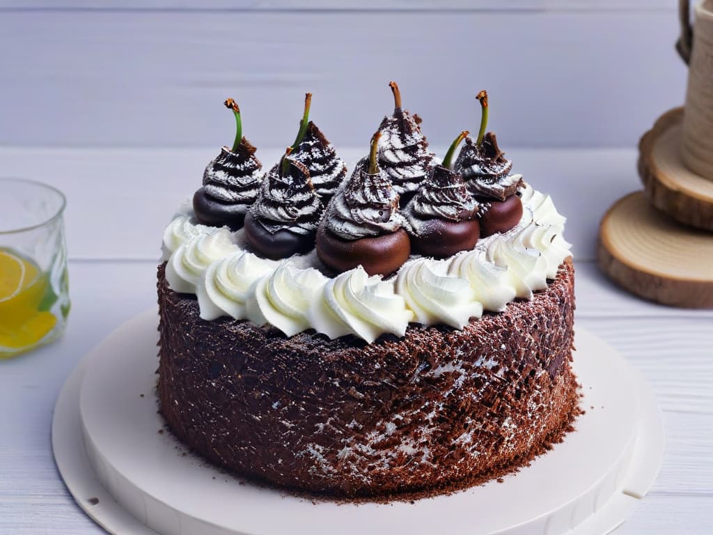  A closeup, ultrahigh resolution image of a beautifully crafted Black Forest cake, showcasing the intricate layers of chocolate sponge, whipped cream, and cherries, elegantly decorated with chocolate shavings and fresh berries on top. The rich colors and textures of the dessert are captured in stunning detail, highlighting the fine precision and artistry of traditional German pastry making. hyperrealistic, full body, detailed clothing, highly detailed, cinematic lighting, stunningly beautiful, intricate, sharp focus, f/1. 8, 85mm, (centered image composition), (professionally color graded), ((bright soft diffused light)), volumetric fog, trending on instagram, trending on tumblr, HDR 4K, 8K