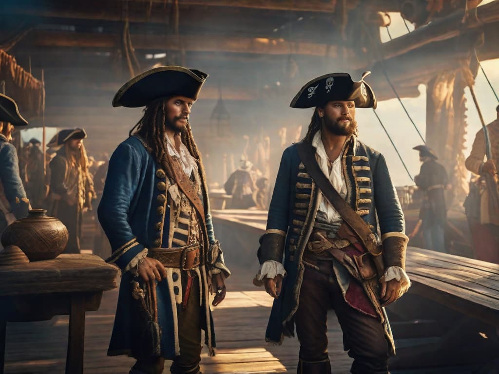  background of a pirate guild, with a mission board hyperrealistic, full body, detailed clothing, highly detailed, cinematic lighting, stunningly beautiful, intricate, sharp focus, f/1. 8, 85mm, (centered image composition), (professionally color graded), ((bright soft diffused light)), volumetric fog, trending on instagram, trending on tumblr, HDR 4K, 8K