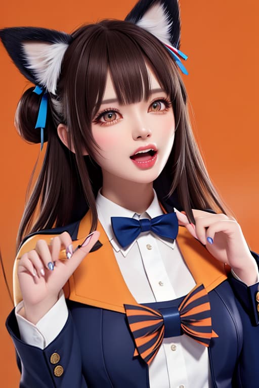  masterpiece, best quality, 1, solo, animal ears, bow, teeth, jacket, tail, open mouth, brown hair, orange background, bowtie, orange nails, simple background, cat ears, orange eyes, blue bow, animal ear fluff, cat tail, looking at viewer, upper body, shirt, uniform, hood, striped bow, striped, white shirt, black jacket, blue bowtie, fingernails, long sleeves, cat , bangs, fangs, collared shirt, striped bowtie, short hair, tongue, hoodie, sharp teeth, facial mark, claw pose hyperrealistic, full body, detailed clothing, highly detailed, cinematic lighting, stunningly beautiful, intricate, sharp focus, f/1. 8, 85mm, (centered image composition), (professionally color graded), ((bright soft diffused light)), volumetric fog, trending on instagram, trending on tumblr, HDR 4K, 8K