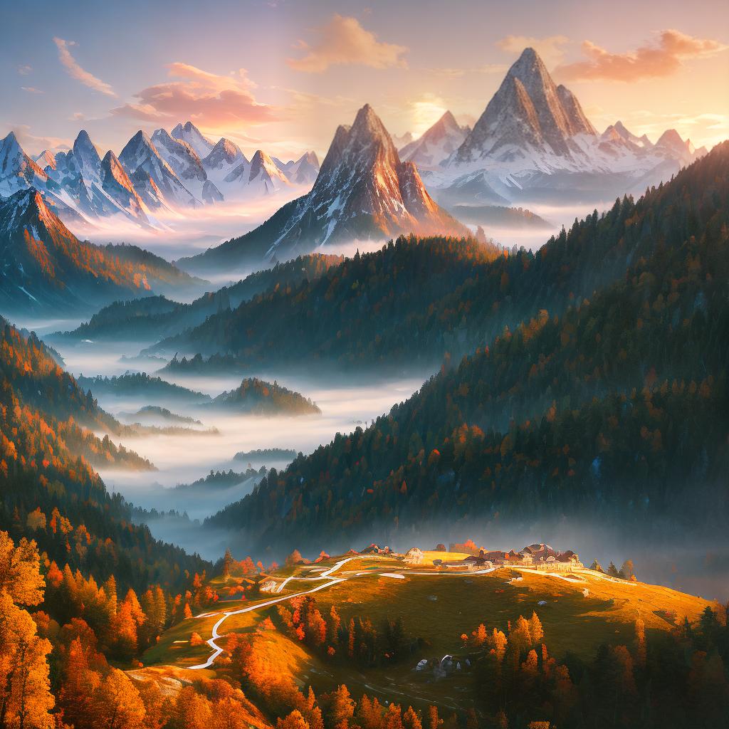  ((masterpiece)),(((best quality))), 8k, high detailed, ultra-detailed. A majestic mountain range with snow-capped peaks, (a crystal clear lake) reflecting the mountains, (a colorful hot air balloon) floating peacefully in the sky, (a dense forest) covering the foothills, a hiking trail winding through the landscape, (a family of deer) grazing in a meadow, the golden hour casting a warm glow on the scene. hyperrealistic, full body, detailed clothing, highly detailed, cinematic lighting, stunningly beautiful, intricate, sharp focus, f/1. 8, 85mm, (centered image composition), (professionally color graded), ((bright soft diffused light)), volumetric fog, trending on instagram, trending on tumblr, HDR 4K, 8K