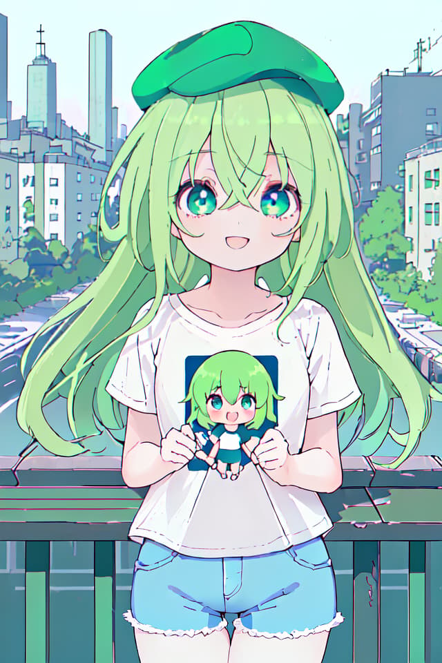  ((Table top, highest quality, high resolution, nifu, perfect pixel, written boundary depth, 4K, nufu, nufufufu)), ((green hair and blue eyes (Cute )), ((wearing plain T shirt and hot pants)), ((cap, cap)), face, ((maximum quality, masterpiece, ultra high definition, high resolution)) , ((super detailed ilration: 1.2)), only one person, bangs, eyes between eyes, beautiful hair, beautiful eyes, big smiles, urban landscape