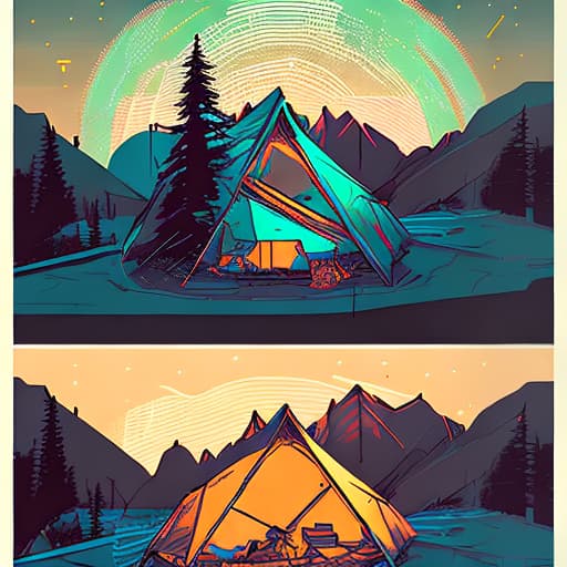 nvinkpunk Whimsical mountains with trees, camping tent and fire