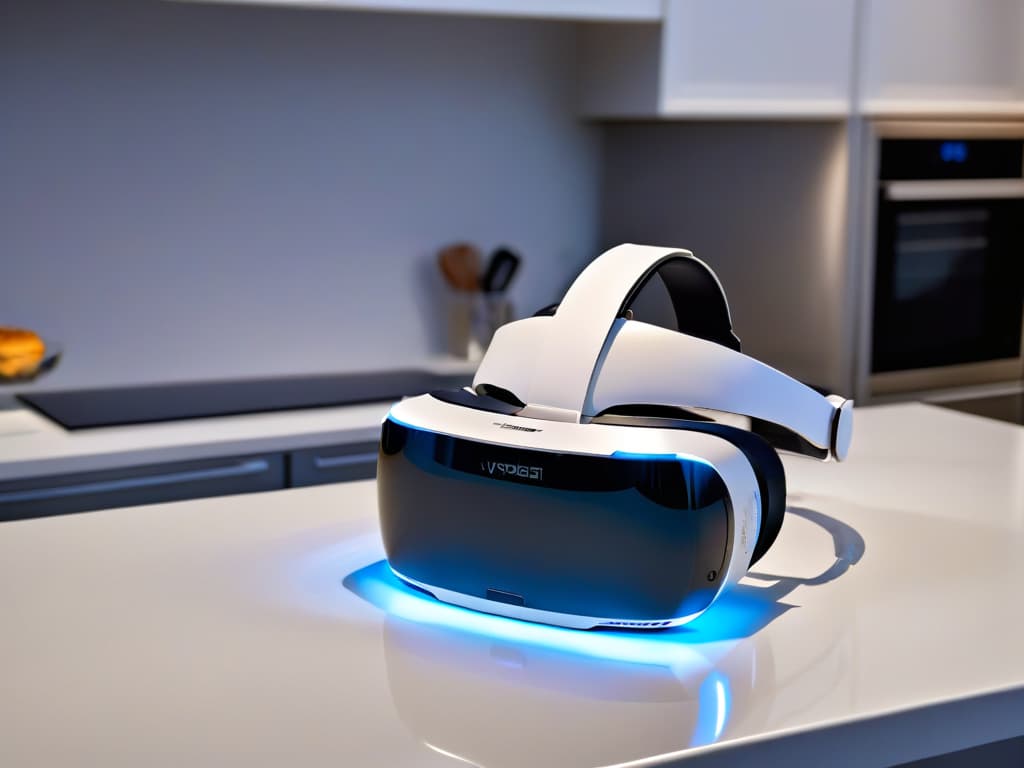  A closeup, ultradetailed image of a virtual reality headset placed on a sleek, modern kitchen countertop. The headset is illuminated by a soft, ambient light, showcasing its intricate design and futuristic features. The reflection of a digital baking tutorial is visible on the VR headset's lenses, hinting at the innovative use of technology in pastry education. hyperrealistic, full body, detailed clothing, highly detailed, cinematic lighting, stunningly beautiful, intricate, sharp focus, f/1. 8, 85mm, (centered image composition), (professionally color graded), ((bright soft diffused light)), volumetric fog, trending on instagram, trending on tumblr, HDR 4K, 8K