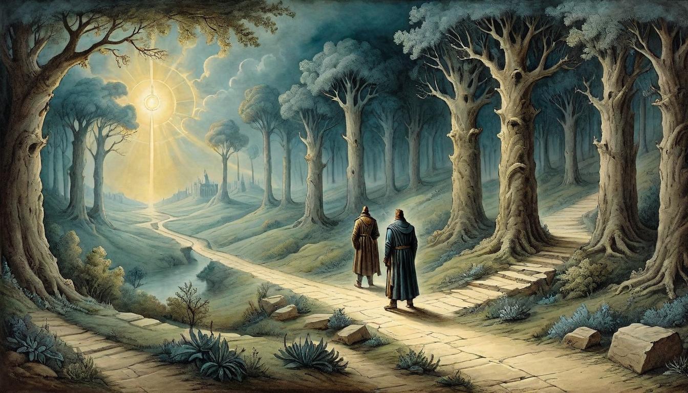  on parchment, surrealism+++, An ancient road transforms into a radiant beam of light, leading a traveler from shadows into blinding brilliance. This mirrors Saul's transformation into Paul, path of enlightenment, transformative journey, divine intervention.(mysterious, provocative, symbolic,muted color)+++