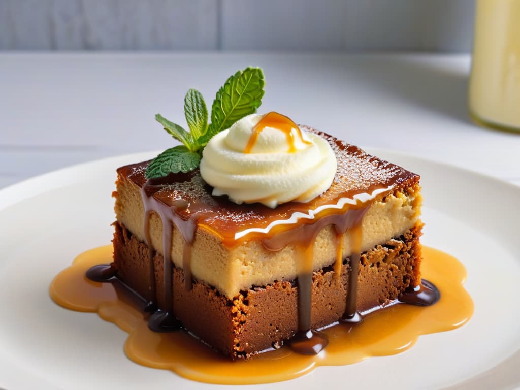  An 8k ultradetailed image of a perfectly plated slice of Malva Pudding, topped with a dollop of cream or custard, surrounded by a drizzle of sweet caramel sauce, with a sprig of fresh mint delicately placed on the side. The dessert is showcased on a sleek, modern white plate against a simple, elegant background to emphasize its mouthwatering appeal. hyperrealistic, full body, detailed clothing, highly detailed, cinematic lighting, stunningly beautiful, intricate, sharp focus, f/1. 8, 85mm, (centered image composition), (professionally color graded), ((bright soft diffused light)), volumetric fog, trending on instagram, trending on tumblr, HDR 4K, 8K