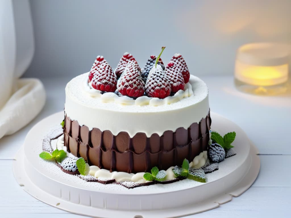  A closeup, ultradetailed image of a perfectly frosted vegan chocolate cake adorned with fresh raspberries, delicate mint leaves, and a dusting of powdered sugar on a sleek, modern white cake stand. hyperrealistic, full body, detailed clothing, highly detailed, cinematic lighting, stunningly beautiful, intricate, sharp focus, f/1. 8, 85mm, (centered image composition), (professionally color graded), ((bright soft diffused light)), volumetric fog, trending on instagram, trending on tumblr, HDR 4K, 8K