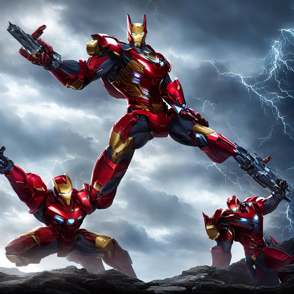  ((Masterpiece)), (((best quality))), 8k, high detailed, ultra-detailed. Fusion of Iron Man and Thor in Thor's Asgardian armor style, with advanced technology enhancements, wielding Mjolnir, set against a backdrop of stormy skies and lightning. hyperrealistic, full body, detailed clothing, highly detailed, cinematic lighting, stunningly beautiful, intricate, sharp focus, f/1. 8, 85mm, (centered image composition), (professionally color graded), ((bright soft diffused light)), volumetric fog, trending on instagram, trending on tumblr, HDR 4K, 8K