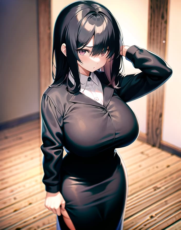  master piece , best quality,Uniform, black hair, mechakure, hair over eyes, hair hides both eyes, cool, plain , tsundere, old tsundere , very tall, very huge female body, s 5m, big s, big s, big s, super s, odd s, weird s, home