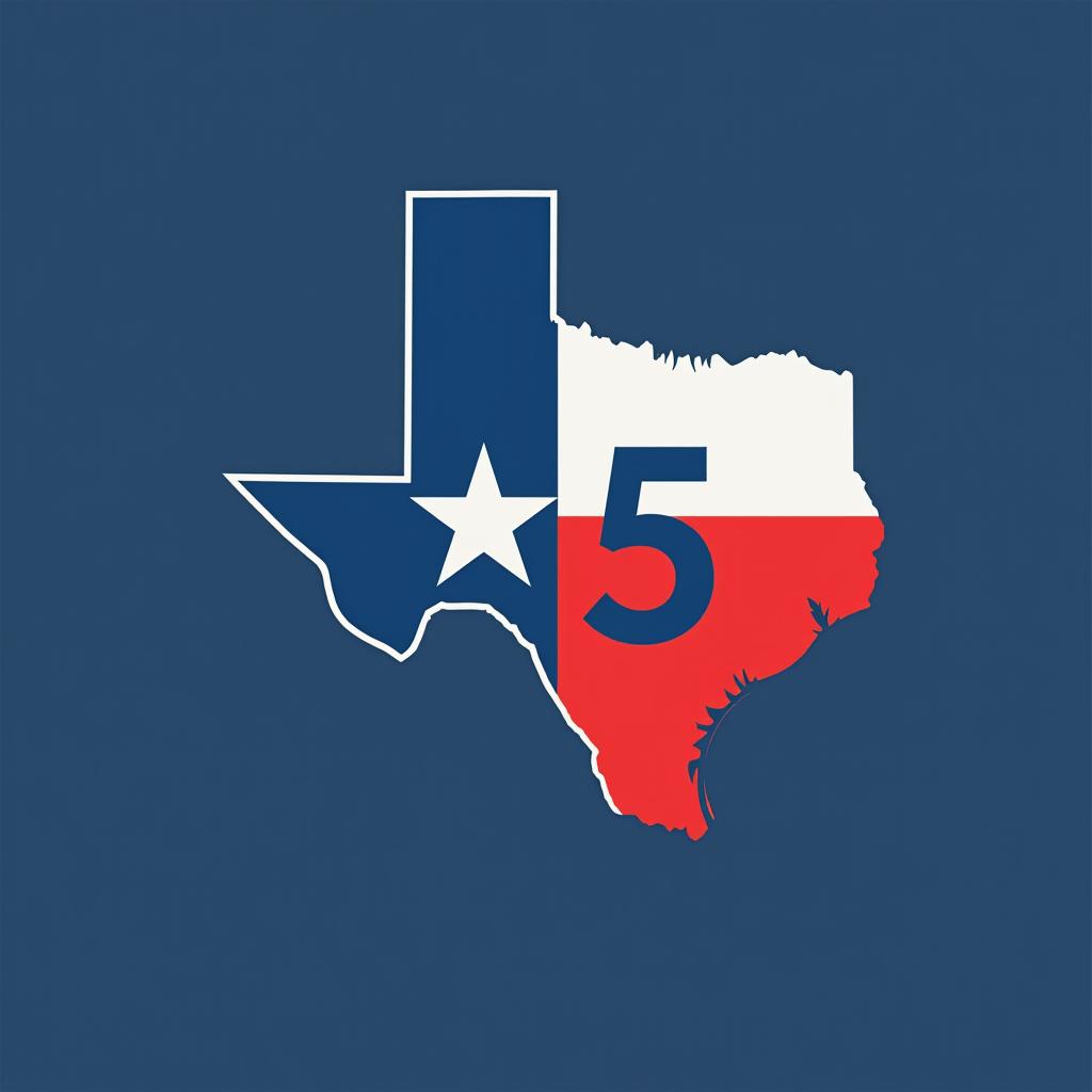  create a minimalist logo featuring the outline of texas. inside the outline, include the letters 'm5' in a bold, modern font: the 'm' in blue, the '5' in red, and a white star. use colors from the texas flag (blue, red, and white) for these elements. add the text 'custom homes and remodeling, llc' elegantly below or around the texas outline in a neutral color, like black or dark blue, to enhance readability while keeping the focus on the central design.