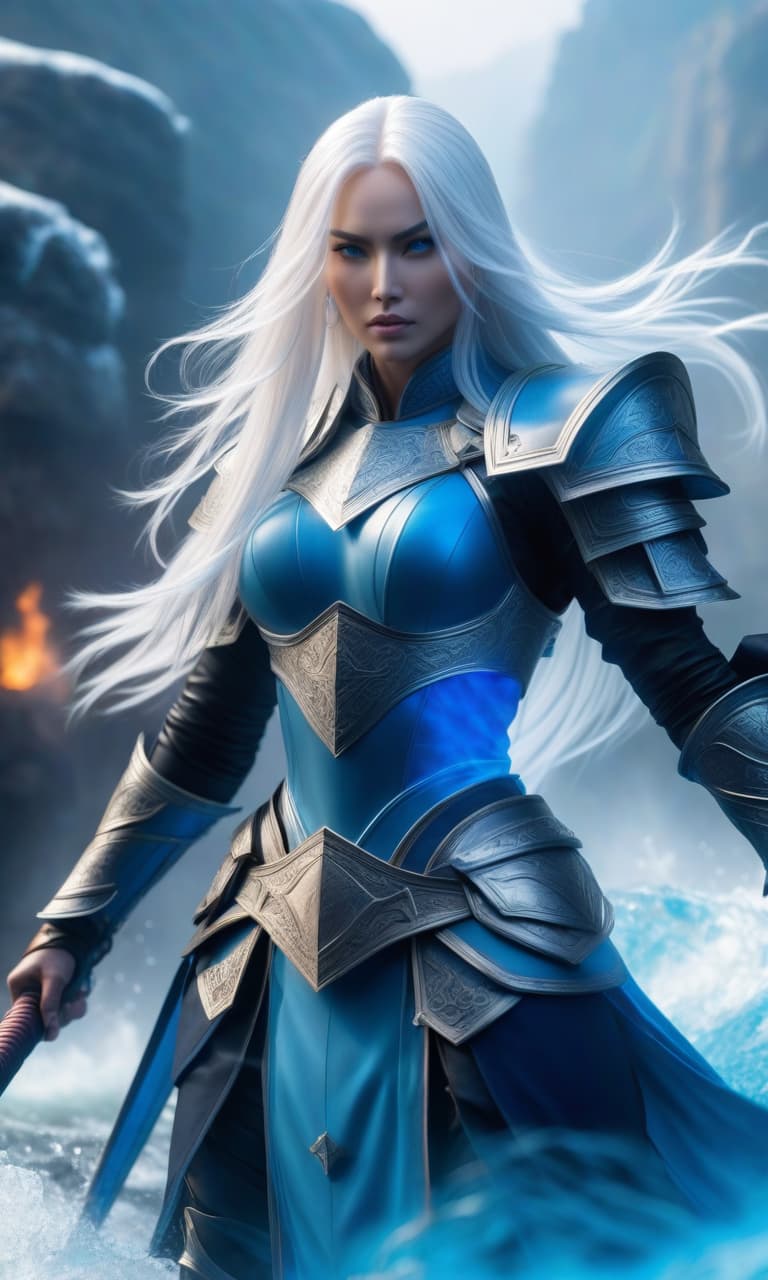  Warrior yang women master of water element, long white hair, blue eyes, blue Armor, anime realism art, realistic faces, illustrations in the style of fantasy mythology hyperrealistic, full body, detailed clothing, highly detailed, cinematic lighting, stunningly beautiful, intricate, sharp focus, f/1. 8, 85mm, (centered image composition), (professionally color graded), ((bright soft diffused light)), volumetric fog, trending on instagram, trending on tumblr, HDR 4K, 8K