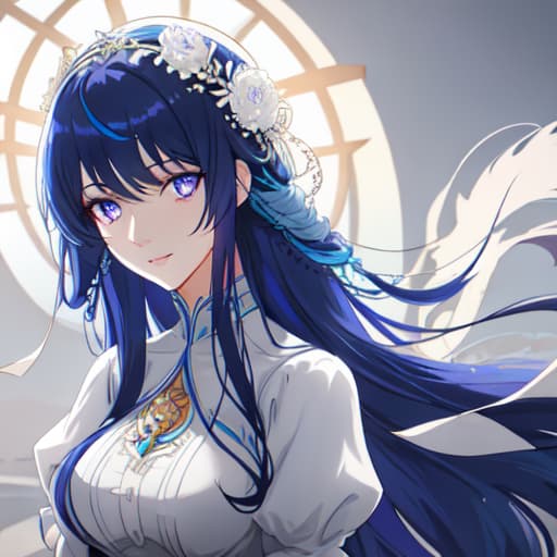  a girl manhua character with royal blue hair and violet eyes with white skin wearing noble dress hyperrealistic, full body, detailed clothing, highly detailed, cinematic lighting, stunningly beautiful, intricate, sharp focus, f/1. 8, 85mm, (centered image composition), (professionally color graded), ((bright soft diffused light)), volumetric fog, trending on instagram, trending on tumblr, HDR 4K, 8K