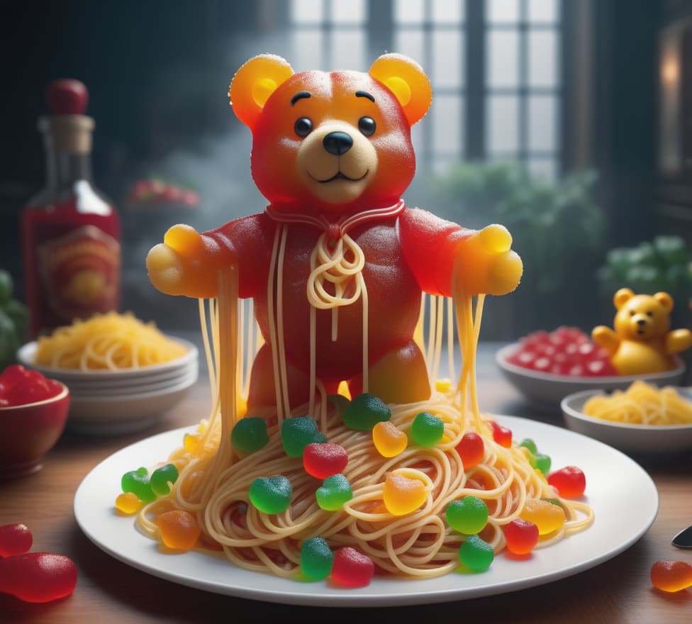  serving of delicious spaghetti decorated with gummi bears hyperrealistic, full body, detailed clothing, highly detailed, cinematic lighting, stunningly beautiful, intricate, sharp focus, f/1. 8, 85mm, (centered image composition), (professionally color graded), ((bright soft diffused light)), volumetric fog, trending on instagram, trending on tumblr, HDR 4K, 8K hyperrealistic, full body, detailed clothing, highly detailed, cinematic lighting, stunningly beautiful, intricate, sharp focus, f/1. 8, 85mm, (centered image composition), (professionally color graded), ((bright soft diffused light)), volumetric fog, trending on instagram, trending on tumblr, HDR 4K, 8K