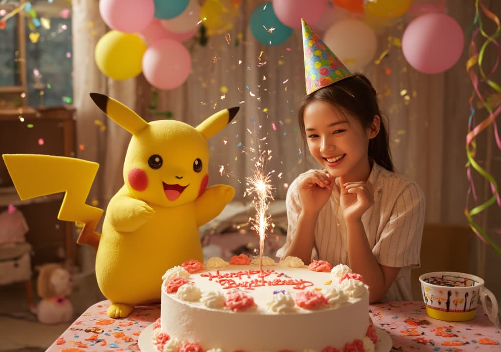  good quality, high quality, a hyper realistic scene of a young celeting her birthday with pikachu. the room is filled with bright, colorful decorations, including balloons, streamers, and a large birthday cake with text 'happy birthday anu' written in icing on top. the , wearing a festive party hat, smiles joyfully as pikachu stands beside her holding a sparkler, looking and excited. confetti is falling in the air, and the entire room radiates with a warm, celetory glow. the background shows friends and family enjoying the party, with vint decorations and the cake at the center of attention, making the birthday celetion feel lively and heartwarming.