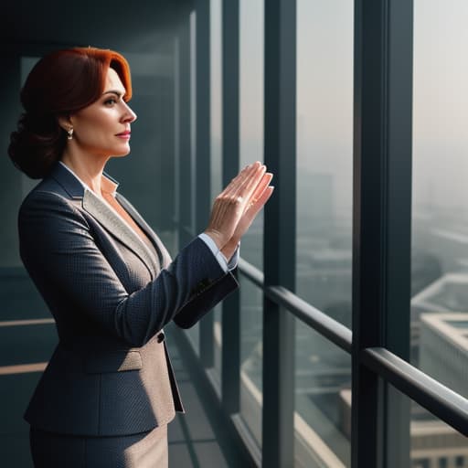  A middle aged woman in a suit is being sworn in on the terrace, with many people downstairs. hyperrealistic, full body, detailed clothing, highly detailed, cinematic lighting, stunningly beautiful, intricate, sharp focus, f/1. 8, 85mm, (centered image composition), (professionally color graded), ((bright soft diffused light)), volumetric fog, trending on instagram, trending on tumblr, HDR 4K, 8K