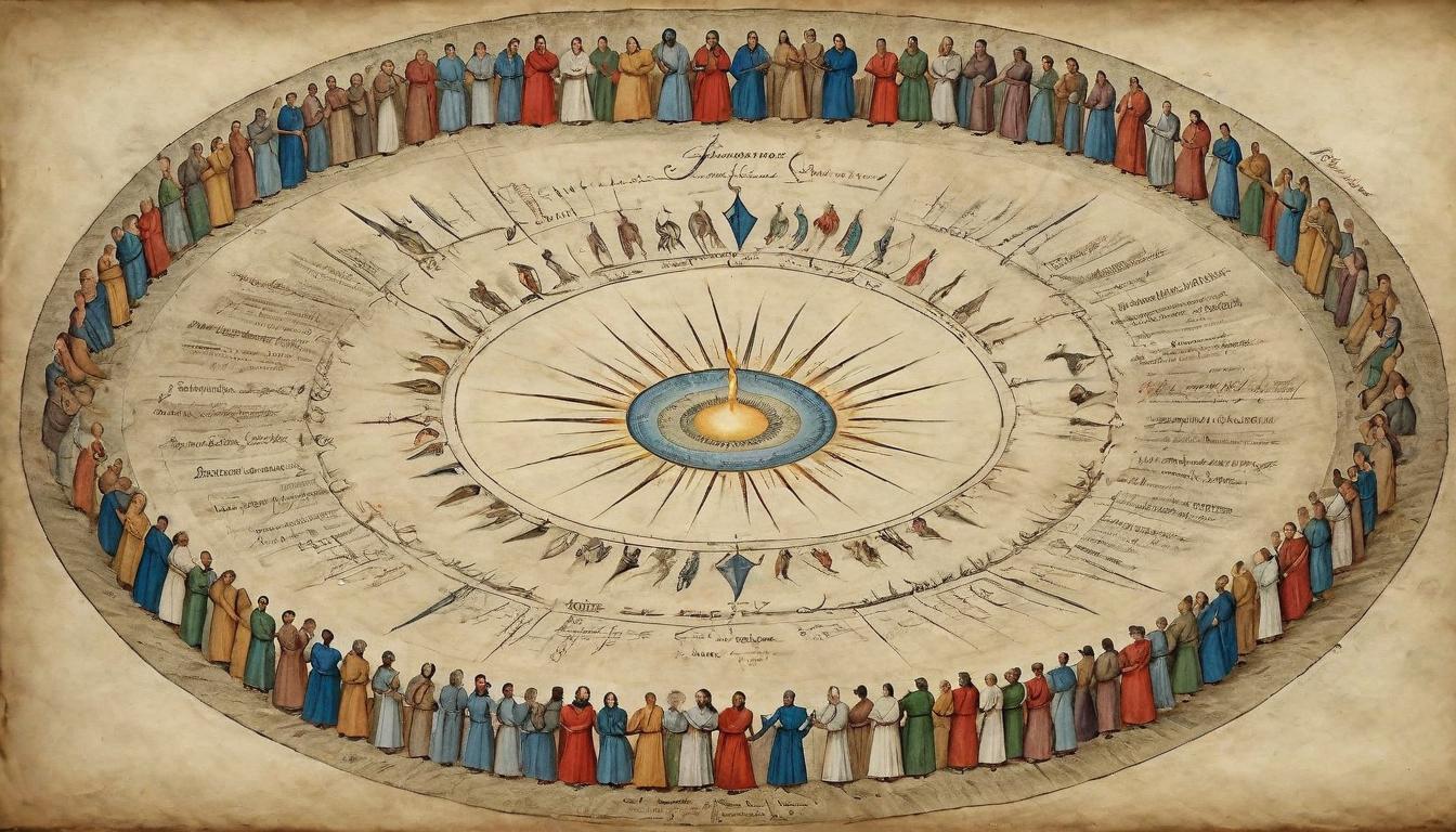  on parchment, surrealism+++, A circle of individuals holding hands, radiating light that dispels the surrounding darkness, unity in diversity, forgiveness and understanding, communal harmony(mysterious, provocative, symbolic,muted color)+++