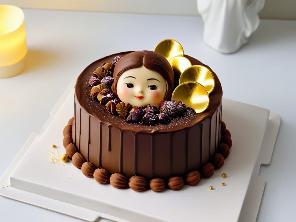  An ultradetailed, 8k resolution image of a decadent dessert inspired by Leonardo da Vinci's "Mona Lisa," featuring intricate layers of rich chocolate mousse, delicate gold leaf accents, and a perfectly rendered portrait of the iconic painting recreated in edible form on top of the dessert. The dessert is elegantly presented on a sleek, white porcelain plate, with a subtle hint of artistic flair in the form of a drizzle of raspberry coulis to add a pop of color and contrast. The overall aesthetic is minimalist yet visually stunning, capturing the essence of Da Vinci's masterpiece in a delectable and unexpected culinary creation. hyperrealistic, full body, detailed clothing, highly detailed, cinematic lighting, stunningly beautiful, intricate, sharp focus, f/1. 8, 85mm, (centered image composition), (professionally color graded), ((bright soft diffused light)), volumetric fog, trending on instagram, trending on tumblr, HDR 4K, 8K