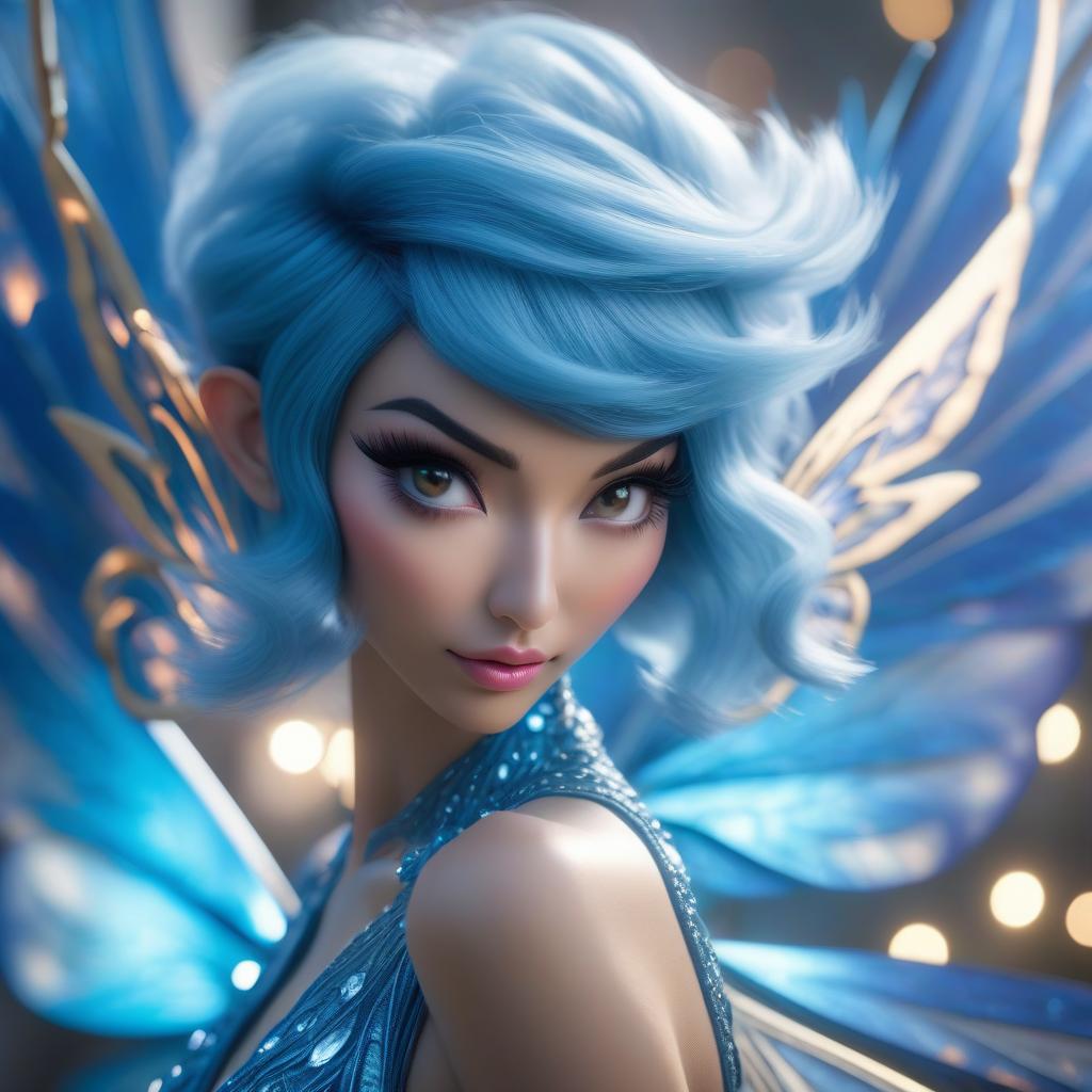  Asian fairy with blue short hair, Musa from "Winx Club" cartoon. hyperrealistic, full body, detailed clothing, highly detailed, cinematic lighting, stunningly beautiful, intricate, sharp focus, f/1. 8, 85mm, (centered image composition), (professionally color graded), ((bright soft diffused light)), volumetric fog, trending on instagram, trending on tumblr, HDR 4K, 8K