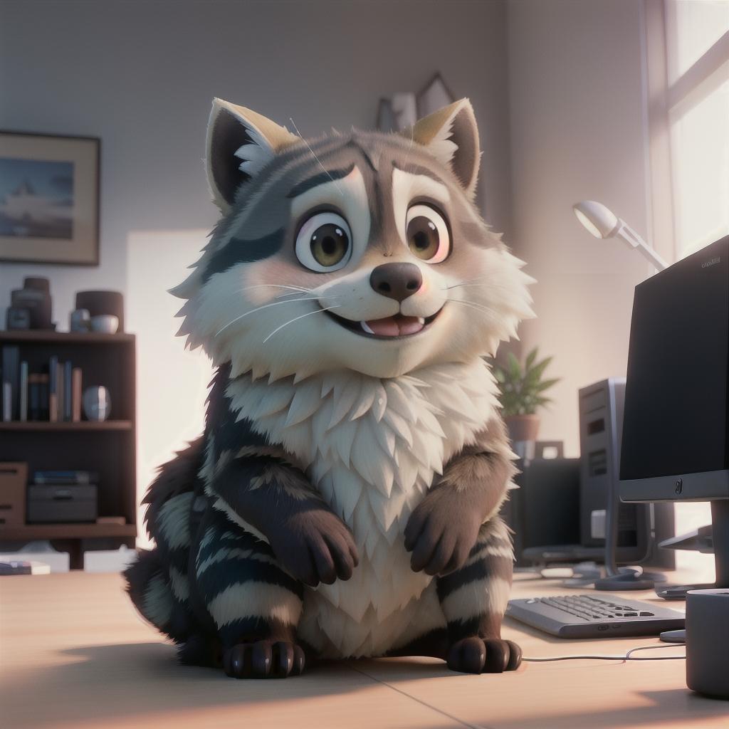  raccoon sitting in gaming chair front a computer on desktop, ((semi anthropomorphic)),(full body), tail, belly, sitting, fat, (chubby), (((white background))), solo, desktop, gaming chair, side view,  [[[clothes]]] hyperrealistic, full body, detailed clothing, highly detailed, cinematic lighting, stunningly beautiful, intricate, sharp focus, f/1. 8, 85mm, (centered image composition), (professionally color graded), ((bright soft diffused light)), volumetric fog, trending on instagram, trending on tumblr, HDR 4K, 8K