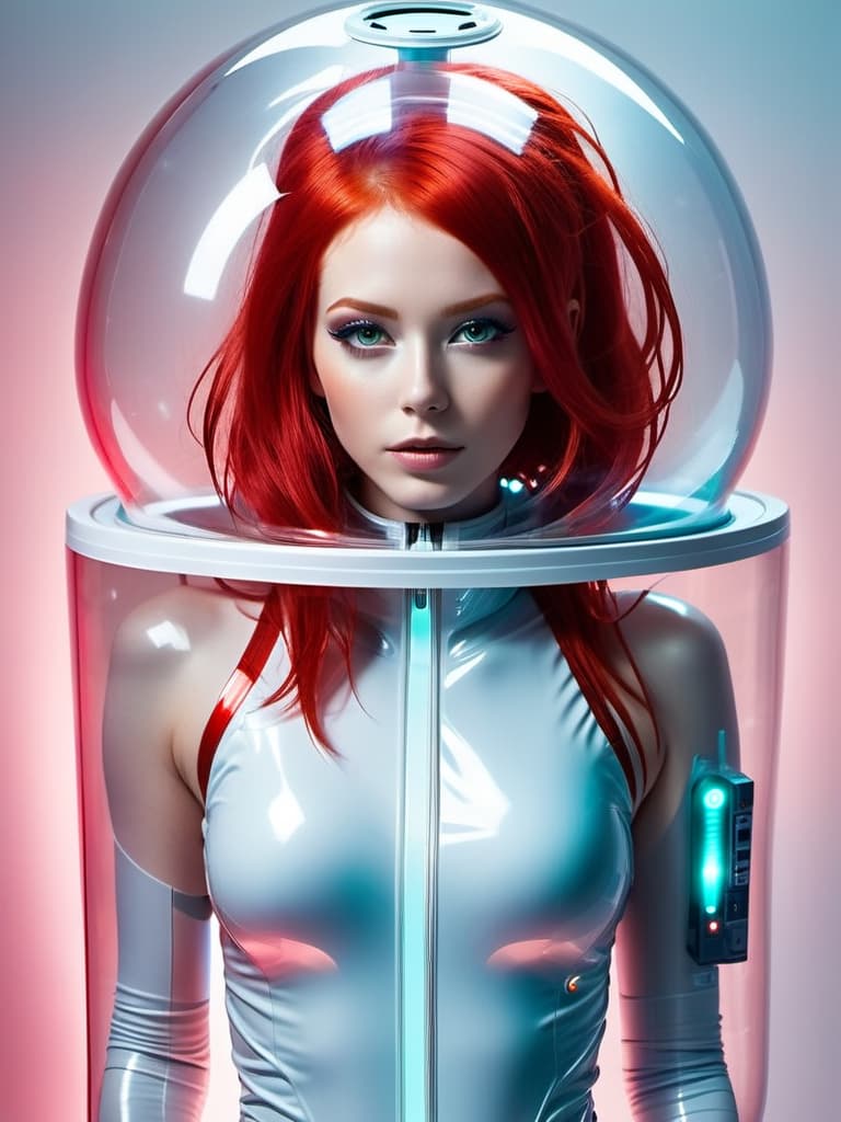  sci-fi style Girl with red hair, in a vacuum pack from which air was released . futuristic, technological, alien worlds, space themes, advanced civilizations