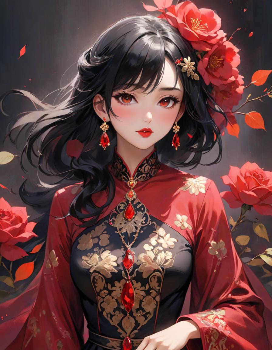  abstract expressionist painting Paint Style, 1girl, solo, looking at viewer, black hair, hair ornament, long sleeves, dress, holding, brown eyes, jewelry, upper body, flower, earrings, hair flower, wide sleeves, necklace, petals, makeup, rose, chinese clothes, lipstick, black background, red flower, gem, holding flower, red lips . energetic brushwork, bold colors, abstract forms, expressive, emotional hyperrealistic, full body, detailed clothing, highly detailed, cinematic lighting, stunningly beautiful, intricate, sharp focus, f/1. 8, 85mm, (centered image composition), (professionally color graded), ((bright soft diffused light)), volumetric fog, trending on instagram, trending on tumblr, HDR 4K, 8K