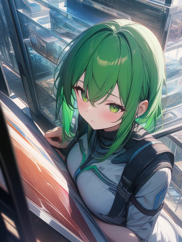  Green hair character at the glass museum in the cyber world, masterpiece, best quality,8k,ultra detailed,high resolution,an extremely delicate and beautiful,hyper detail