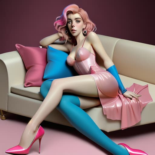  Vanessa Kirby lying at her side on the couch wearing transparant evening pink and blue mixed coloured silk short dress showing long legs in red high heel shoes,wearing lingerie,one arm on the hip