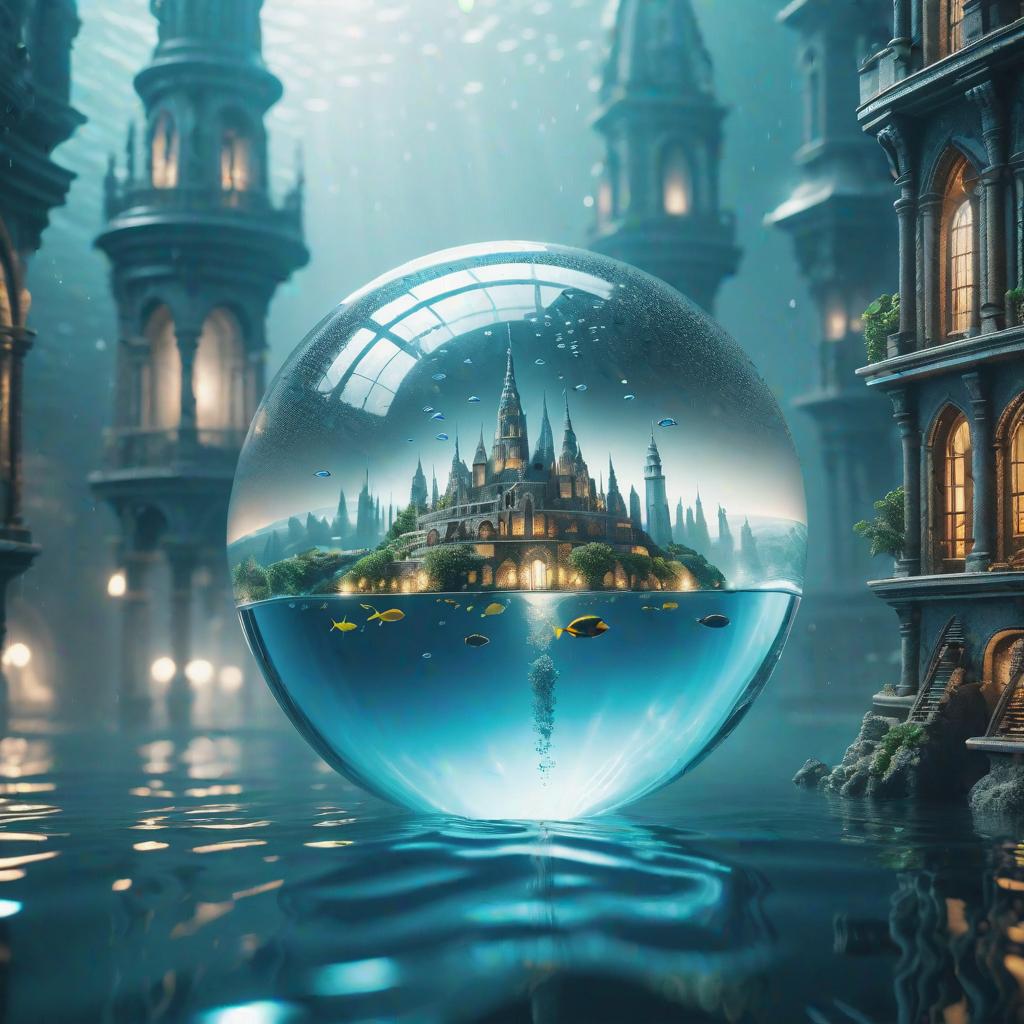  A detailed underwater city hidden inside a water droplet. hyperrealistic, full body, detailed clothing, highly detailed, cinematic lighting, stunningly beautiful, intricate, sharp focus, f/1. 8, 85mm, (centered image composition), (professionally color graded), ((bright soft diffused light)), volumetric fog, trending on instagram, trending on tumblr, HDR 4K, 8K