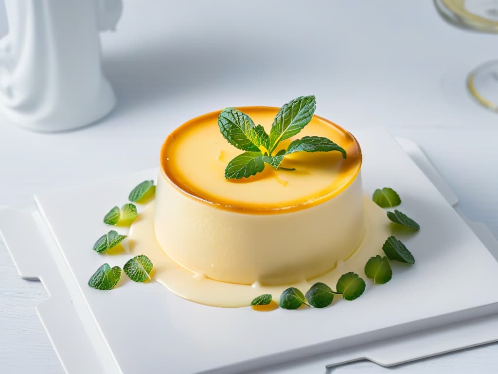  A minimalist image of a perfectly plated slice of lowcalorie vanilla flan, garnished with a delicate mint leaf on a pristine white plate, set against a soft, neutral background to evoke a sense of elegance and simplicity. The flan should appear creamy and inviting, showcasing its smooth texture and rich vanilla flavor without any distractions, embodying the essence of a guiltfree indulgence. hyperrealistic, full body, detailed clothing, highly detailed, cinematic lighting, stunningly beautiful, intricate, sharp focus, f/1. 8, 85mm, (centered image composition), (professionally color graded), ((bright soft diffused light)), volumetric fog, trending on instagram, trending on tumblr, HDR 4K, 8K