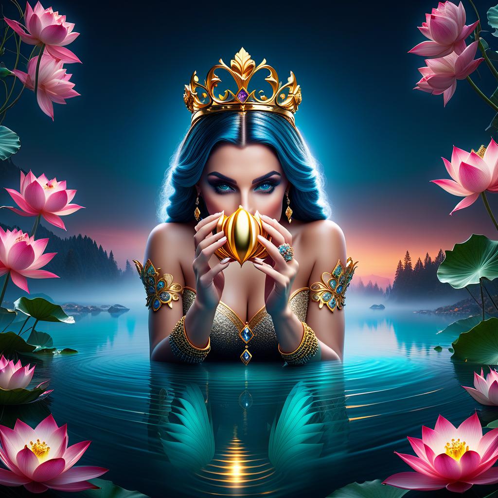  fairy tale (Background): a lake with blooming lotuses of different shades: from white pink to bright crimson and leaves of tender green colour. The sky above the lake of dark blue colour with golden stars scattered on it. (Fantasy Princess Frog): in the centre of the lake on the biggest lotus flower sits a charming frog in a golden crown decorated with blue and blue precious stones. In his paws he holds a ring decorated with blue stones. Style: fantasy, Russian fairy tales, illustrations. . magical, fantastical, enchanting, storybook style, highly detailed hyperrealistic, full body, detailed clothing, highly detailed, cinematic lighting, stunningly beautiful, intricate, sharp focus, f/1. 8, 85mm, (centered image composition), (professionally color graded), ((bright soft diffused light)), volumetric fog, trending on instagram, trending on tumblr, HDR 4K, 8K