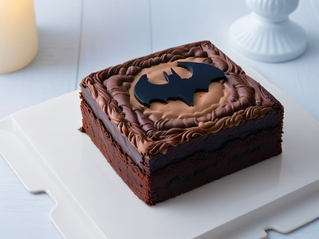  A minimalistic illustration of a dark chocolate brownie in the shape of the Batman logo, with a sleek and modern design. The brownie is placed on a simple, elegant plate with a subtle spotlight illuminating it, creating a dramatic and enticing visual for the readers. hyperrealistic, full body, detailed clothing, highly detailed, cinematic lighting, stunningly beautiful, intricate, sharp focus, f/1. 8, 85mm, (centered image composition), (professionally color graded), ((bright soft diffused light)), volumetric fog, trending on instagram, trending on tumblr, HDR 4K, 8K