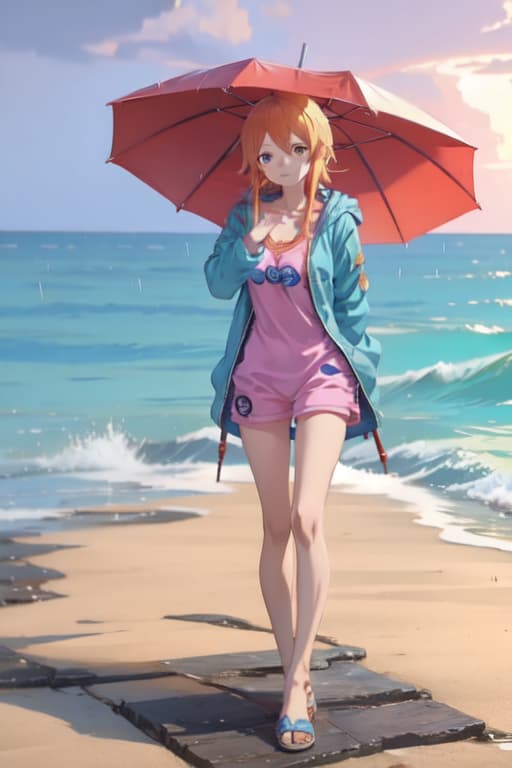  Nami from one piece tweaking in the rain on a beach, full body