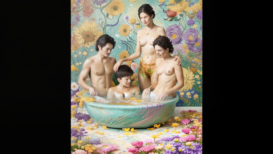 , mom and two boys taking a bath,colorful swirls with flowers around the body, surreal style, digital art in the style of Vincent van Gogh, detailed illustration with intricate patterns and textures, soft lighting, high resolution quality.,hyper realistic, knee shot, 4k, hasselblad 1600f hyperrealistic, full body, detailed clothing, highly detailed, cinematic lighting, stunningly beautiful, intricate, sharp focus, f/1. 8, 85mm, (centered image composition), (professionally color graded), ((bright soft diffused light)), volumetric fog, trending on instagram, trending on tumblr, HDR 4K, 8K
