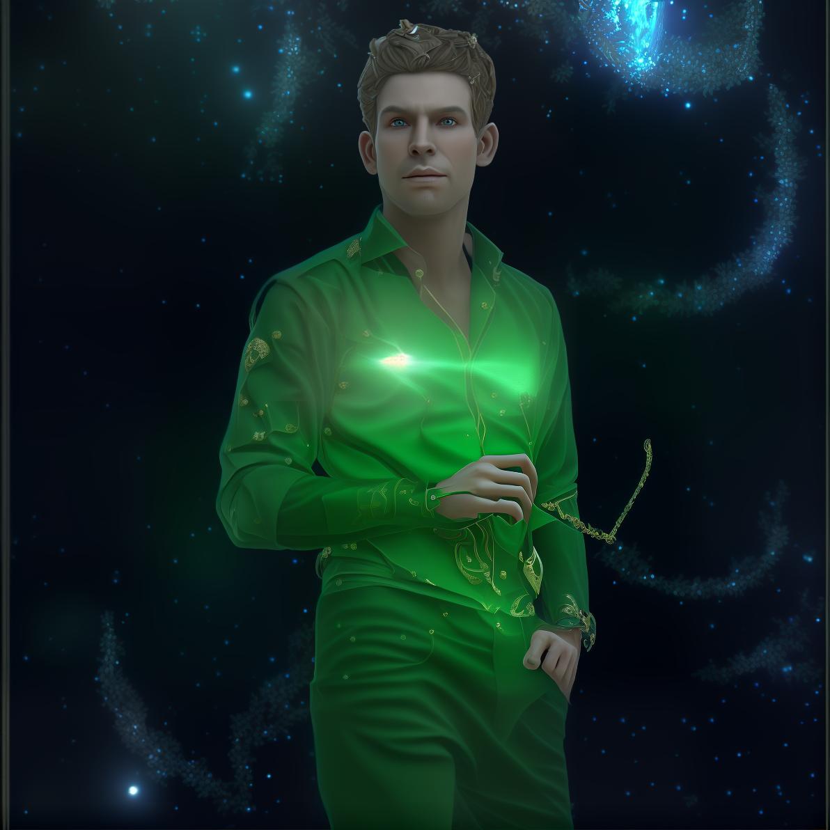 mdjrny-v4 style Generate a detailed Fantasy style avatar of a magical male elf with long, pointed ears. The character exudes a magical and mysterious charm, with distinct and elegant features that reflect his otherworldly nature. His attire is regal and adorned with intricate elven designs, such as flowing robes made from enchanting fabrics or armor embellished with nature inspired motifs. The elf's hair is long and lustrous, styled in elaborate braids or adorned with ornaments like leaves or crystals. His eyes sparkle with magical wisdom, and his expression is calm yet powerful and mysterious. The background should be an enchanted forest or a mystical elven city, with shimmering lights, ancient trees, and hints of magical creatures roaming in the shadows.