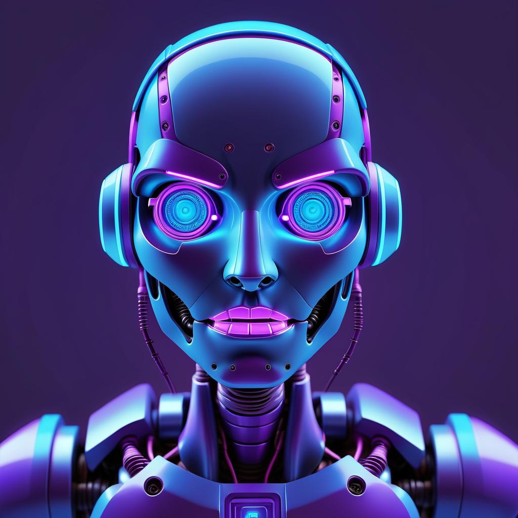  Blue and purple neon, one robot, in its head a search for resumes, it searches for candidates, the technology