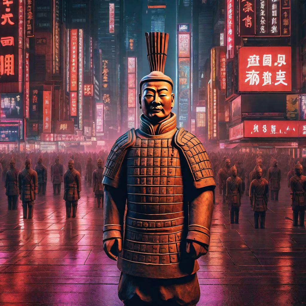  masterpiece, best quality, masterpiece, 8k resolution, realistic, highly detailed, close-up of terracotta warriors. He stands on a street lined with tall buildings in a cyberpunk style city at night. The city's night lights are bright, and the surrounding buildings and streets are full of cyberpunk elements such as neon lights, high-tech equipment and futuristic architectural design.