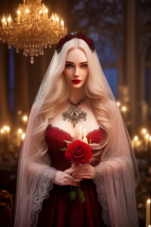  A beautiful with black hair and very pale skin with a rosy cheek, a lace mask on her face with delicate facial features and plump lips in a Gothic style wearing a burgundy dress with lace and many candles in chandeliers, blue light, a red amulet around her neck, a red wine gl, a black cat on her , a realistic image with a blurred background, a red rose in her hands. hyperrealistic, full body, detailed clothing, highly detailed, cinematic lighting, stunningly beautiful, intricate, sharp focus, f/1. 8, 85mm, (centered image composition), (professionally color graded), ((bright soft diffused light)), volumetric fog, trending on instagram, trending on tumblr, HDR 4K, 8K