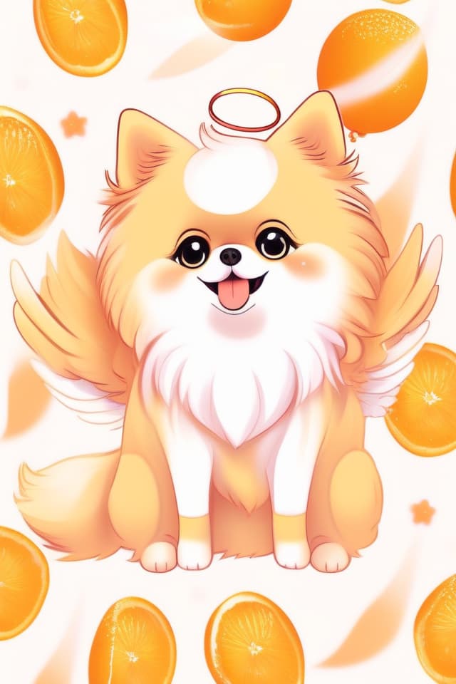  Pomeranian angel, angel feathers, orange, cute, cute illustration style