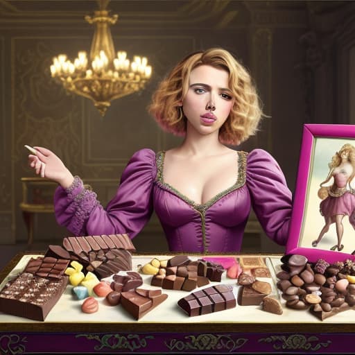  Attractive happy Scarlett Johansson (colorful desiner dress)(pink cheeks)(Baroque lighting)(Superrealism)(painted in the style of Édouard Manet)(Foreground: open box of fine dark chocolates on a small serving table)