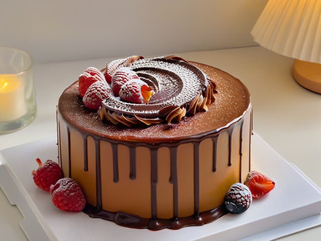  A closeup, photorealistic image of a glossy, caramelcolored caramel sauce being drizzled elegantly over a decadent, multilayered chocolate cake. The sauce is cascading down the sides of the cake, forming mesmerizing swirls and droplets, with the rich, velvety texture of the caramel highlighted in exquisite detail. The cake is adorned with fresh raspberries and mint leaves, adding a pop of vibrant color to the luxurious dessert. The lighting is soft and warm, casting gentle shadows that enhance the depth and realism of the scene. hyperrealistic, full body, detailed clothing, highly detailed, cinematic lighting, stunningly beautiful, intricate, sharp focus, f/1. 8, 85mm, (centered image composition), (professionally color graded), ((bright soft diffused light)), volumetric fog, trending on instagram, trending on tumblr, HDR 4K, 8K