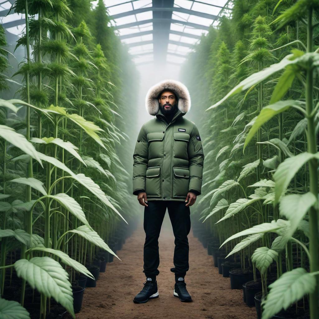  Create a cartoony logo of a guy standing in a weed farm wearing a fur hood Canada Goose coat and black Nike Air Max 95s trainers. hyperrealistic, full body, detailed clothing, highly detailed, cinematic lighting, stunningly beautiful, intricate, sharp focus, f/1. 8, 85mm, (centered image composition), (professionally color graded), ((bright soft diffused light)), volumetric fog, trending on instagram, trending on tumblr, HDR 4K, 8K