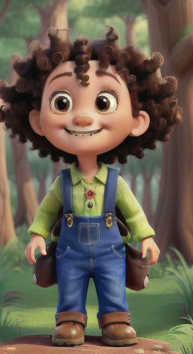  {The tree with a smiling face formed by its bark, looking down at Riley., Riley, a curious with big brown eyes and curly hair, wearing overalls and carrying a small backpack. Their friend, Skye, a bluebird with shiny feathers.