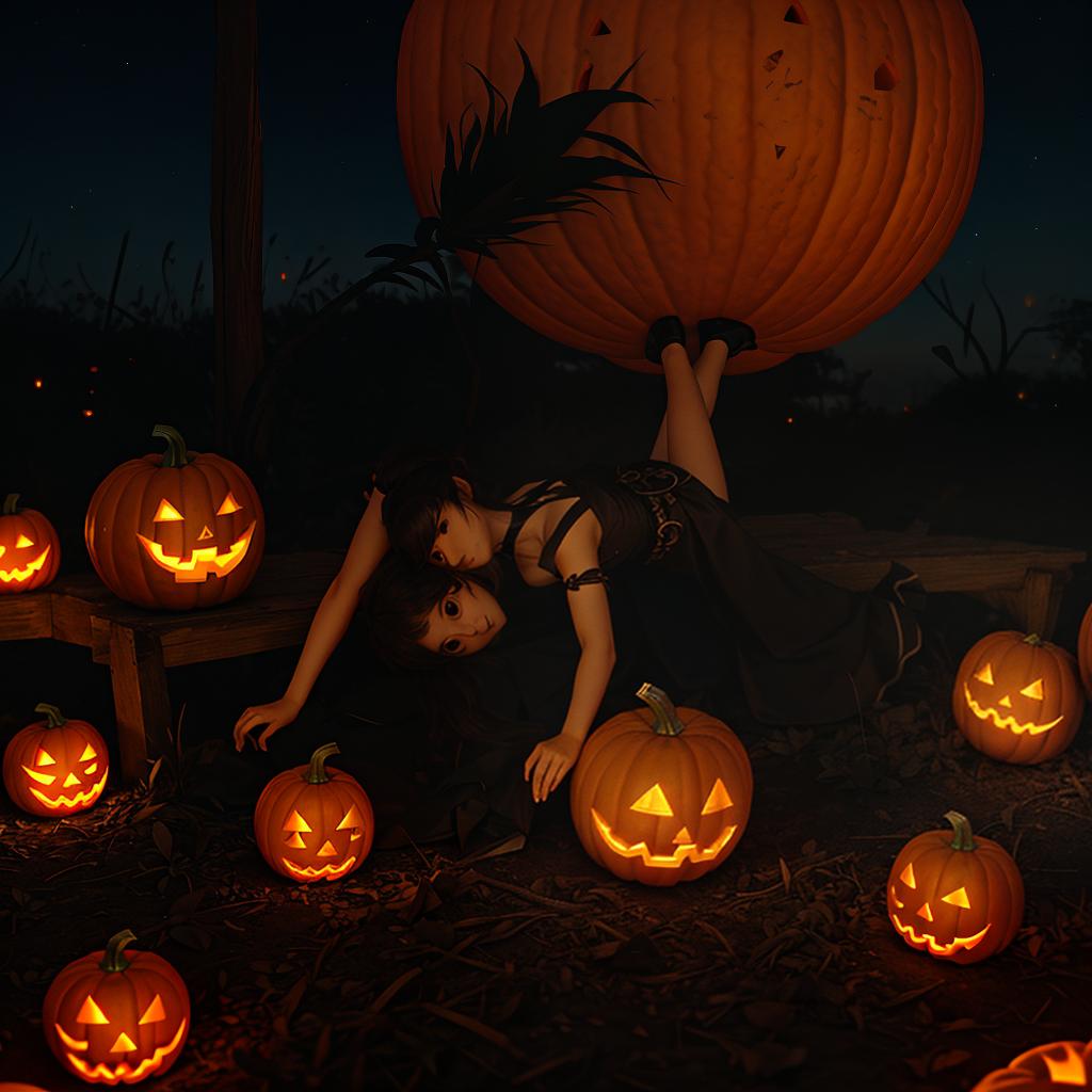  with Amazonian elements, Conjure a surreal pumpkin patch, where mystical flames dance on jack-o'-lanterns under a haunting moonlit sky.