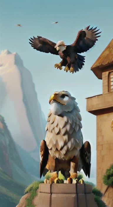  {The eagle soaring high above the mountain with the lion watching from below, The lion has a golden mane and bright, curious eyes. The eagle is large with a sharp beak and powerful wings.